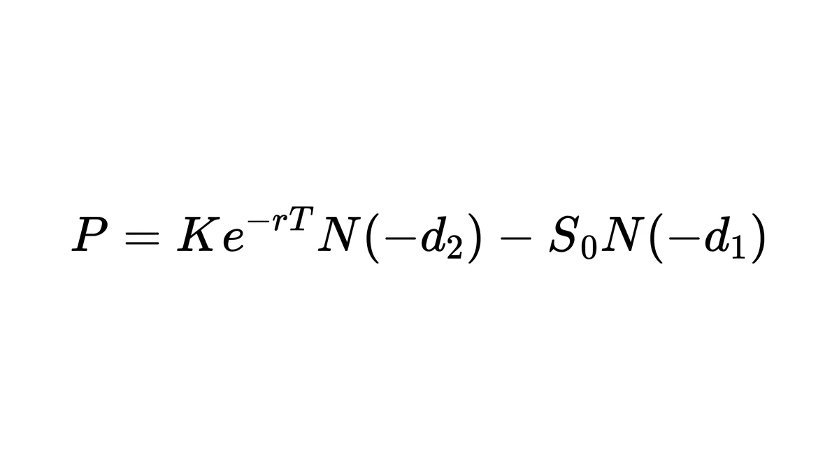 看跌期权价格公式：P=Ke^(−rT)N(−d₂)−S₀N(−d₁)