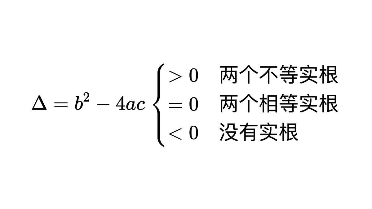 判别式 Δ=b²−4ac 大于、等于、小于 0 三种情况