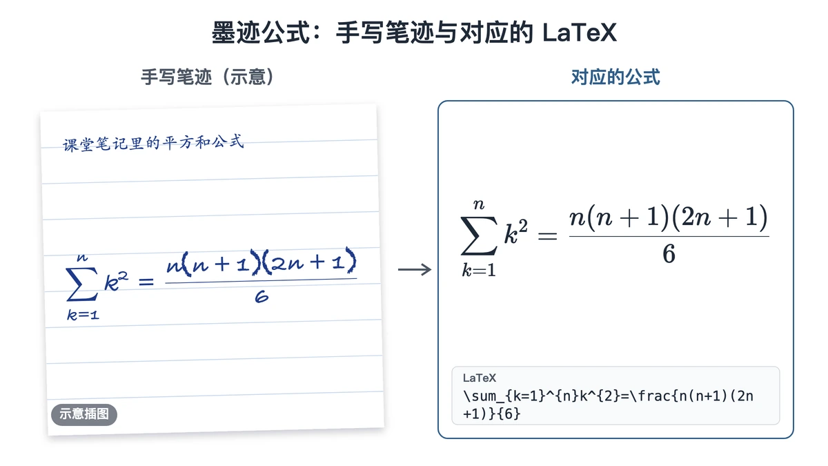 手写平方和公式与对应 LaTeX 的示意